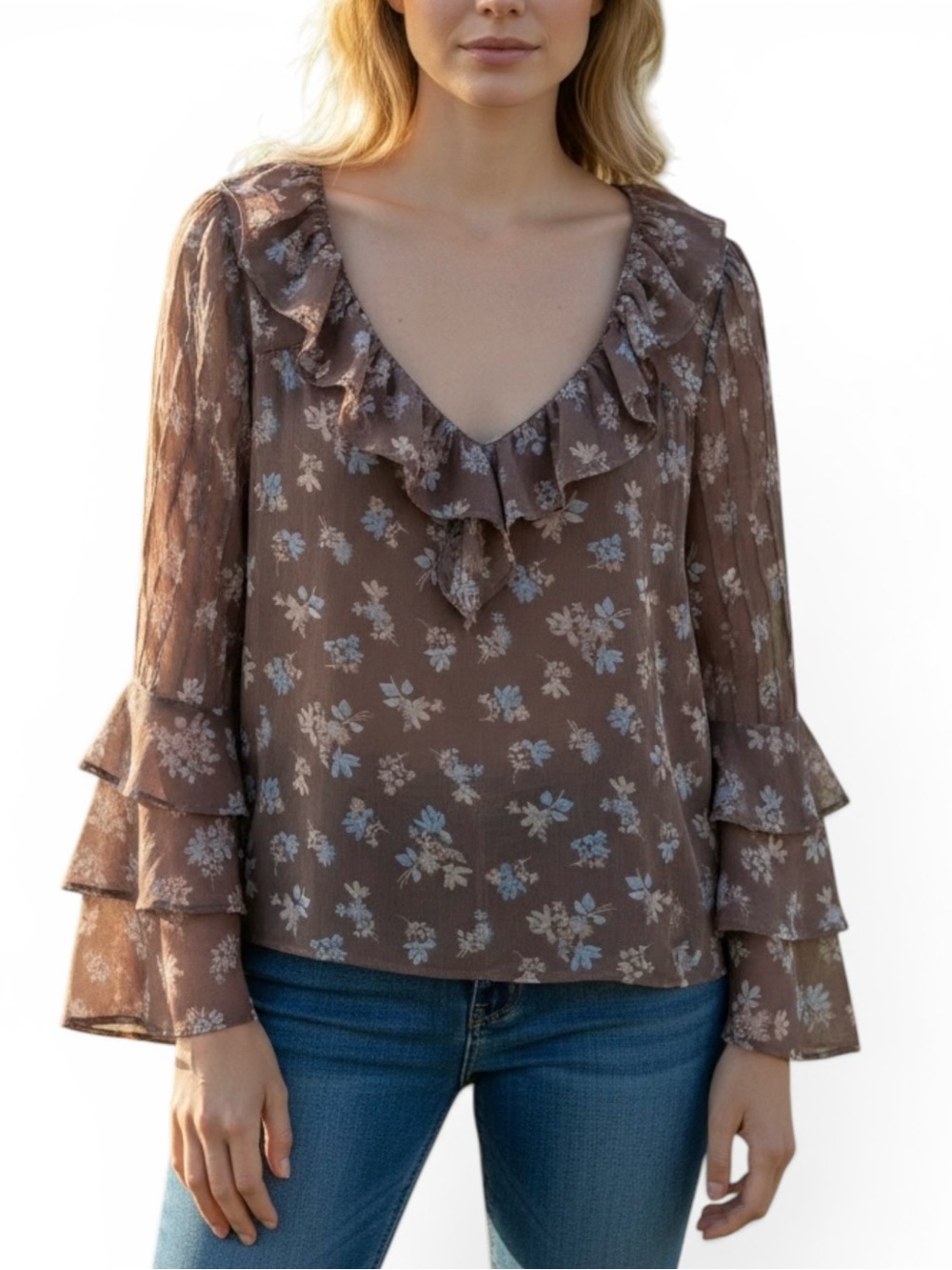 American Eagle Outfitters Floral Ruffle Top Large Boho Peasant Fairy Bell Sleeve